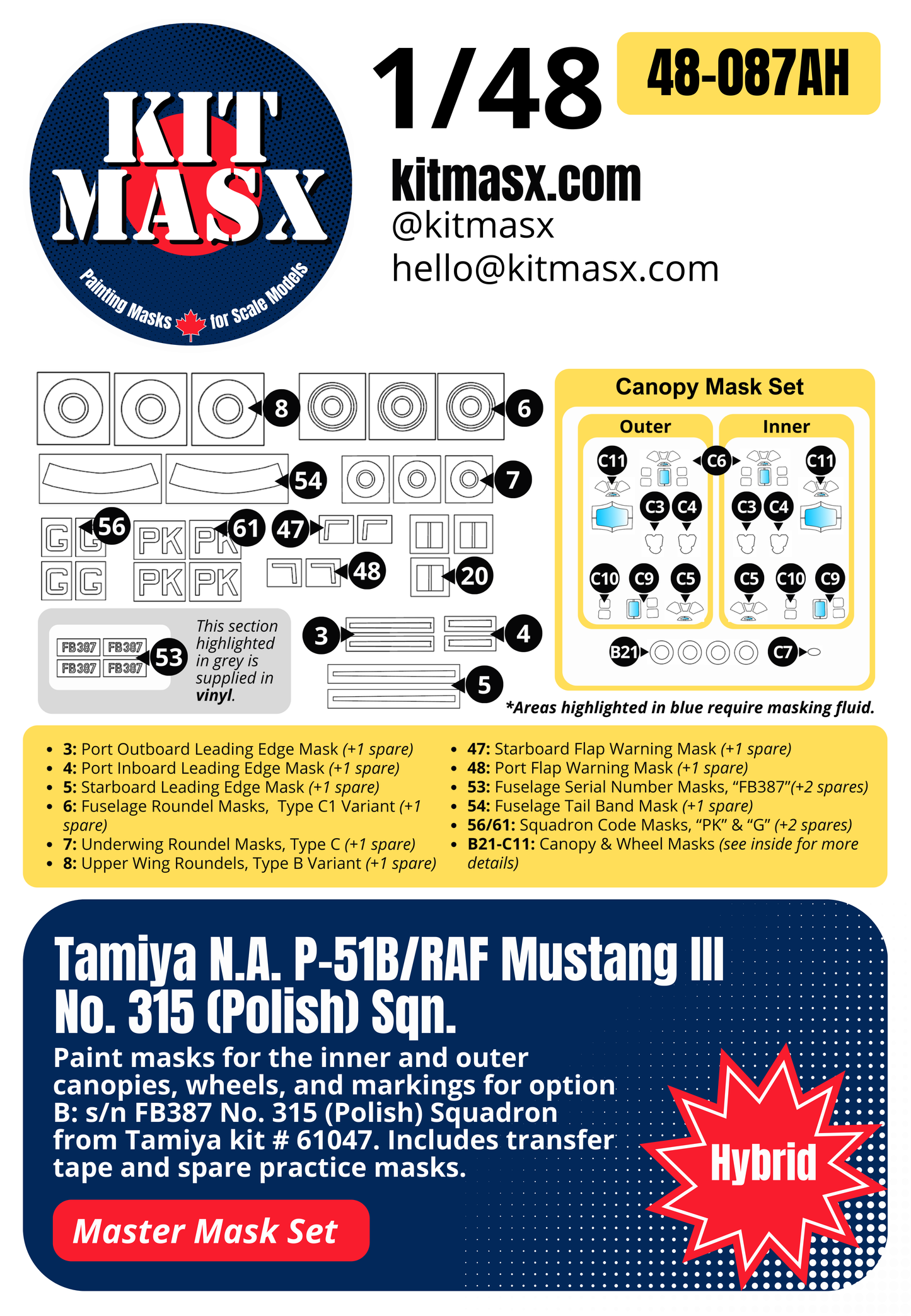 Tamiya North American P-51B/RAF Mustang III No. 315 (Polish) Sqn. 1/48 All-in-One Master Mask Set, Kit # 61047