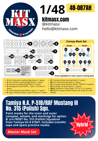 Tamiya North American P-51B/RAF Mustang III No. 315 (Polish) Sqn. 1/48 All-in-One Master Mask Set, Kit # 61047
