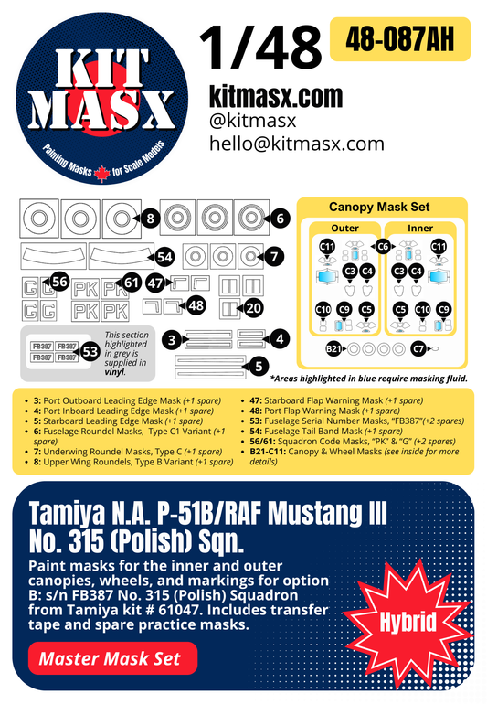Tamiya North American P-51B/RAF Mustang III No. 315 (Polish) Sqn. 1/48 All-in-One Master Mask Set, Kit # 61047