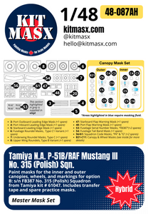 Tamiya North American P-51B/RAF Mustang III No. 315 (Polish) Sqn. 1/48 All-in-One Master Mask Set, Kit # 61047