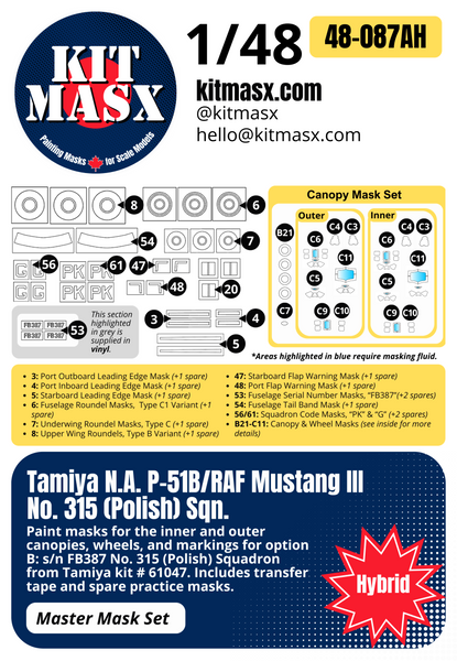 Tamiya North American P-51B/RAF Mustang III No. 315 (Polish) Sqn. 1/48 All-in-One Master Mask Set, Kit # 61047