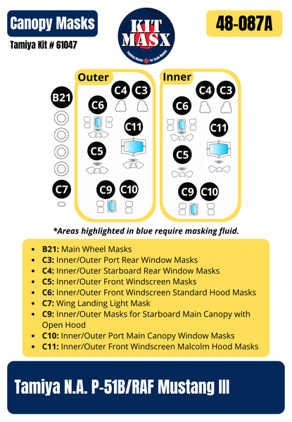 Tamiya North American P-51B/RAF Mustang III No. 315 (Polish) Sqn. 1/48 All-in-One Master Mask Set, Kit # 61047