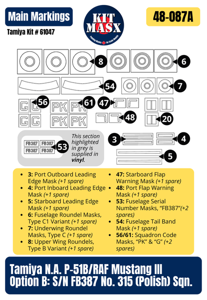 Tamiya North American P-51B/RAF Mustang III No. 315 (Polish) Sqn. 1/48 All-in-One Master Mask Set, Kit # 61047