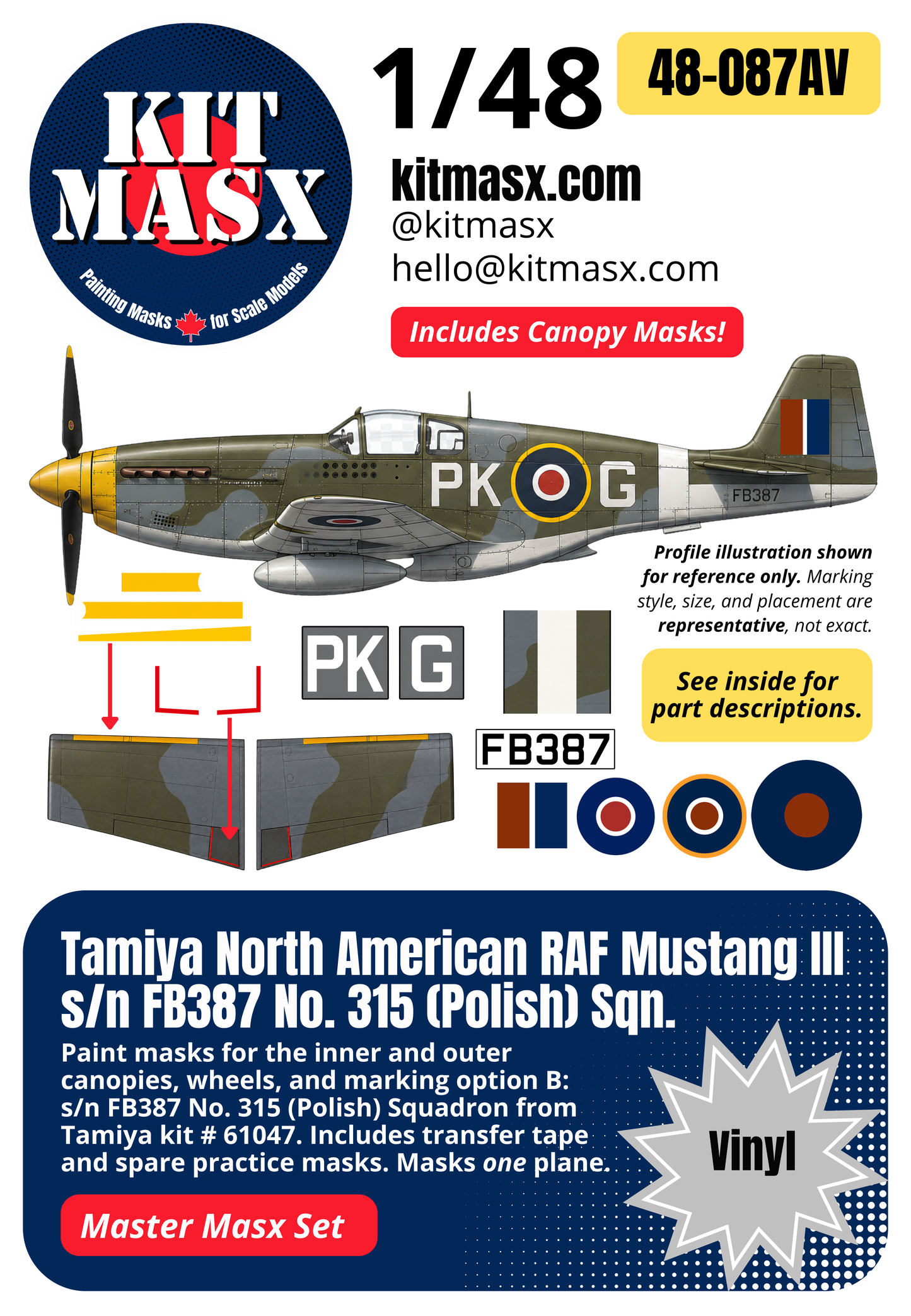 Tamiya North American RAF Mustang III s/n FB387 No. 315 (Polish) Sqn. 1/48 All-in-One Master Mask Set, Kit # 61047 (48087A)