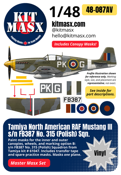 Tamiya North American RAF Mustang III s/n FB387 No. 315 (Polish) Sqn. 1/48 All-in-One Master Mask Set, Kit # 61047 (48087A)