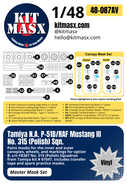 Tamiya North American P-51B/RAF Mustang III No. 315 (Polish) Sqn. 1/48 All-in-One Master Mask Set, Kit # 61047