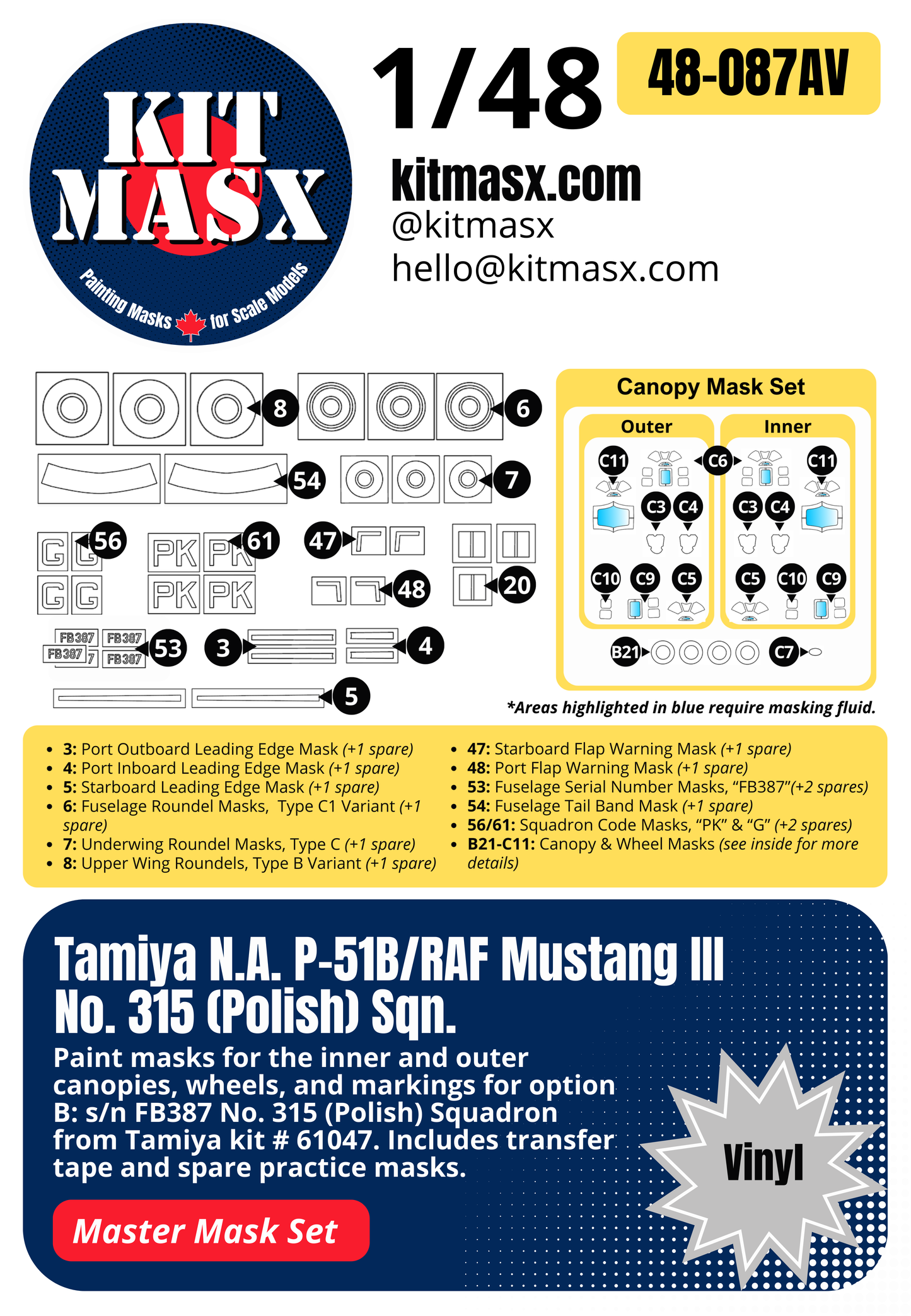 Tamiya North American P-51B/RAF Mustang III No. 315 (Polish) Sqn. 1/48 All-in-One Master Mask Set, Kit # 61047