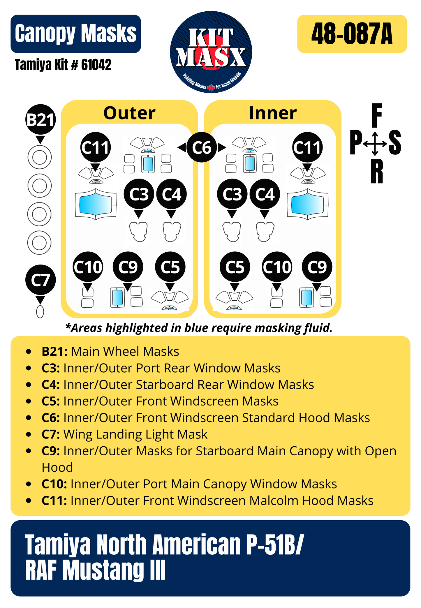 Tamiya North American P-51B/RAF Mustang III No. 315 (Polish) Sqn. 1/48 All-in-One Master Mask Set, Kit # 61047