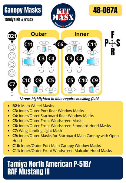 Tamiya North American P-51B/RAF Mustang III No. 315 (Polish) Sqn. 1/48 All-in-One Master Mask Set, Kit # 61047