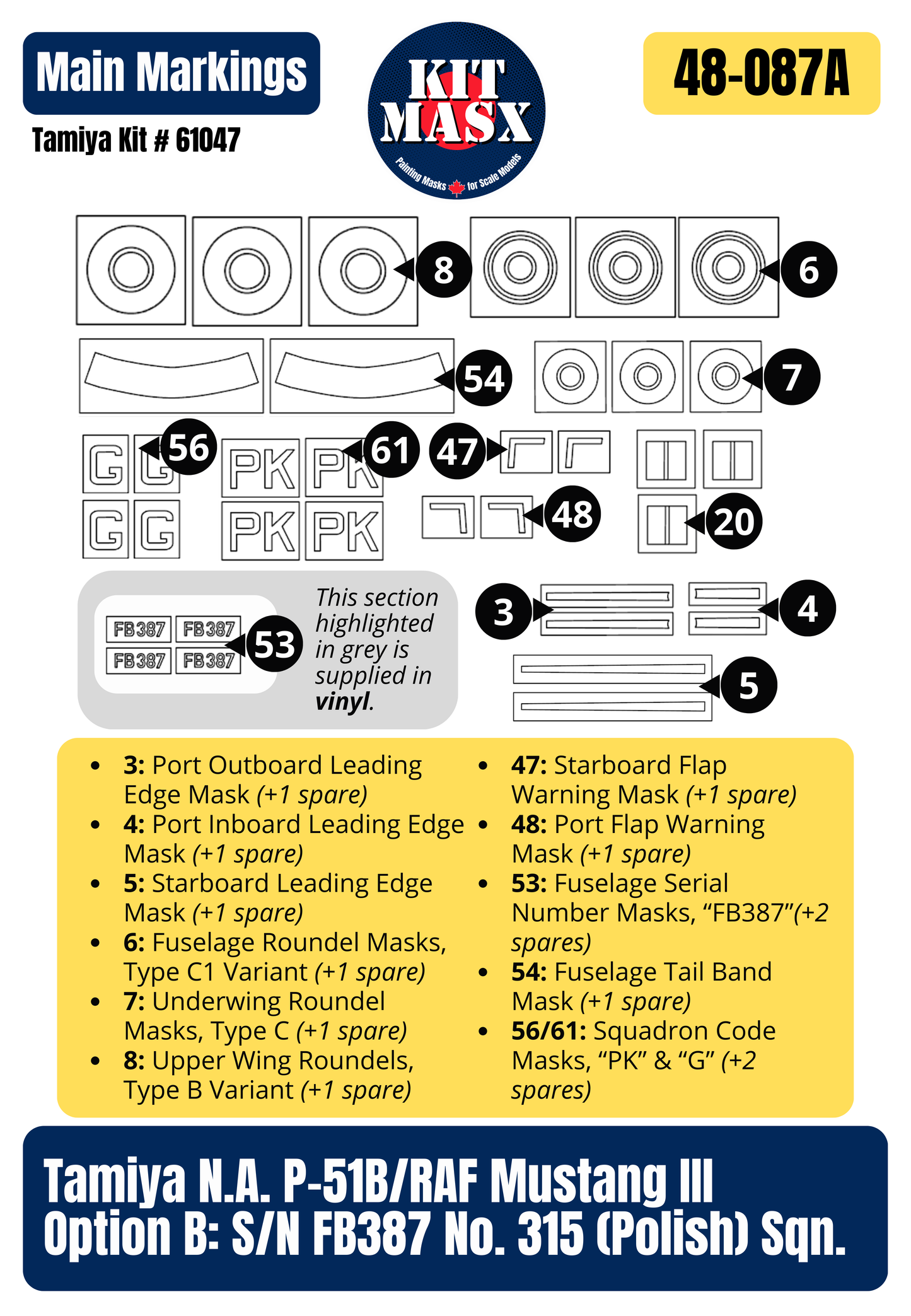 Tamiya North American P-51B/RAF Mustang III No. 315 (Polish) Sqn. 1/48 All-in-One Master Mask Set, Kit # 61047