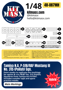 Tamiya North American P-51B/RAF Mustang III No. 315 (Polish) Sqn. 1/48 Main Marking Paint Masks, Kit # 61047