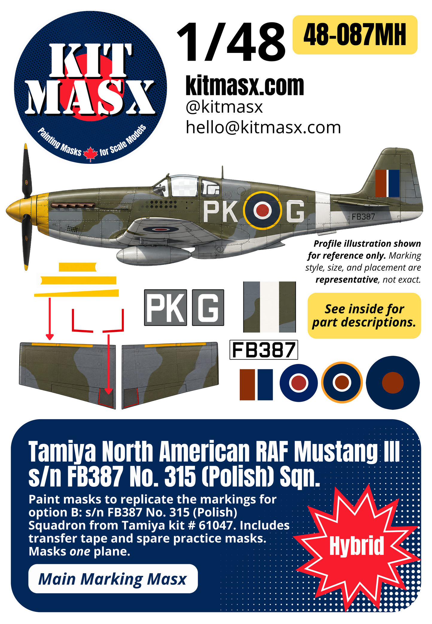 Tamiya North American RAF Mustang III s/n FB387 No. 315 (Polish) Sqn. 1/48 Main Marking Paint Masks, Kit # 61047 (48087M)