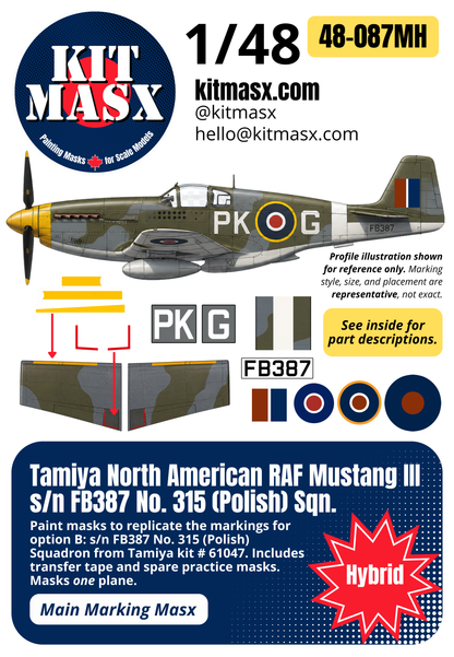 Tamiya North American RAF Mustang III s/n FB387 No. 315 (Polish) Sqn. 1/48 Main Marking Paint Masks, Kit # 61047 (48087M)