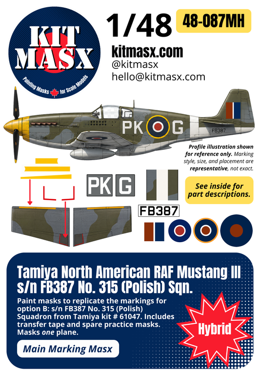 Tamiya North American RAF Mustang III s/n FB387 No. 315 (Polish) Sqn. 1/48 Main Marking Paint Masks, Kit # 61047 (48087M)