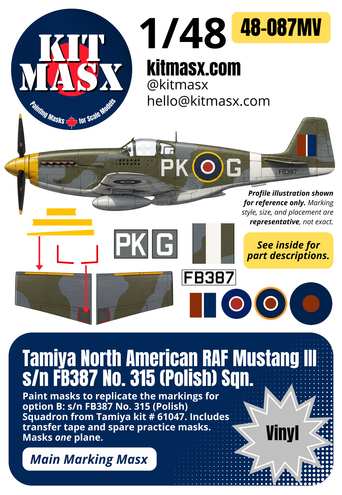 Tamiya North American RAF Mustang III s/n FB387 No. 315 (Polish) Sqn. 1/48 Main Marking Paint Masks, Kit # 61047 (48087M)