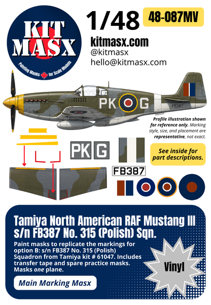 Tamiya North American RAF Mustang III s/n FB387 No. 315 (Polish) Sqn. 1/48 Main Marking Paint Masks, Kit # 61047 (48087M)