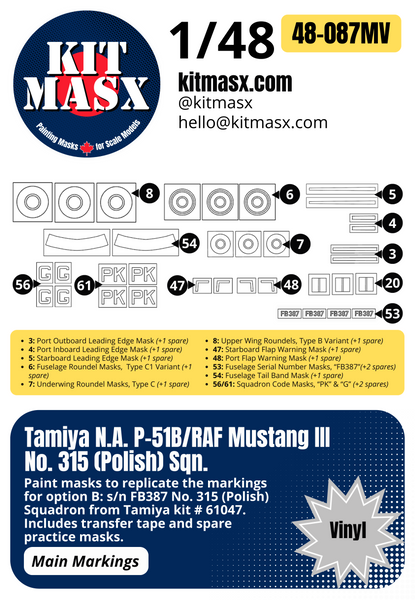 Tamiya North American P-51B/RAF Mustang III No. 315 (Polish) Sqn. 1/48 Main Marking Paint Masks, Kit # 61047