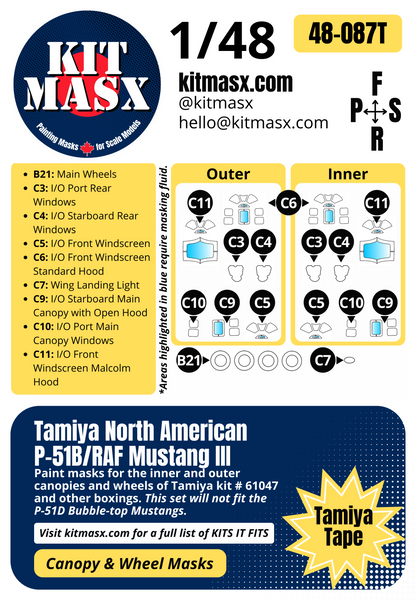 Tamiya North American P-51B/RAF Mustang III 1/48 Canopy & Wheel Paint Masks, Kit # 61042