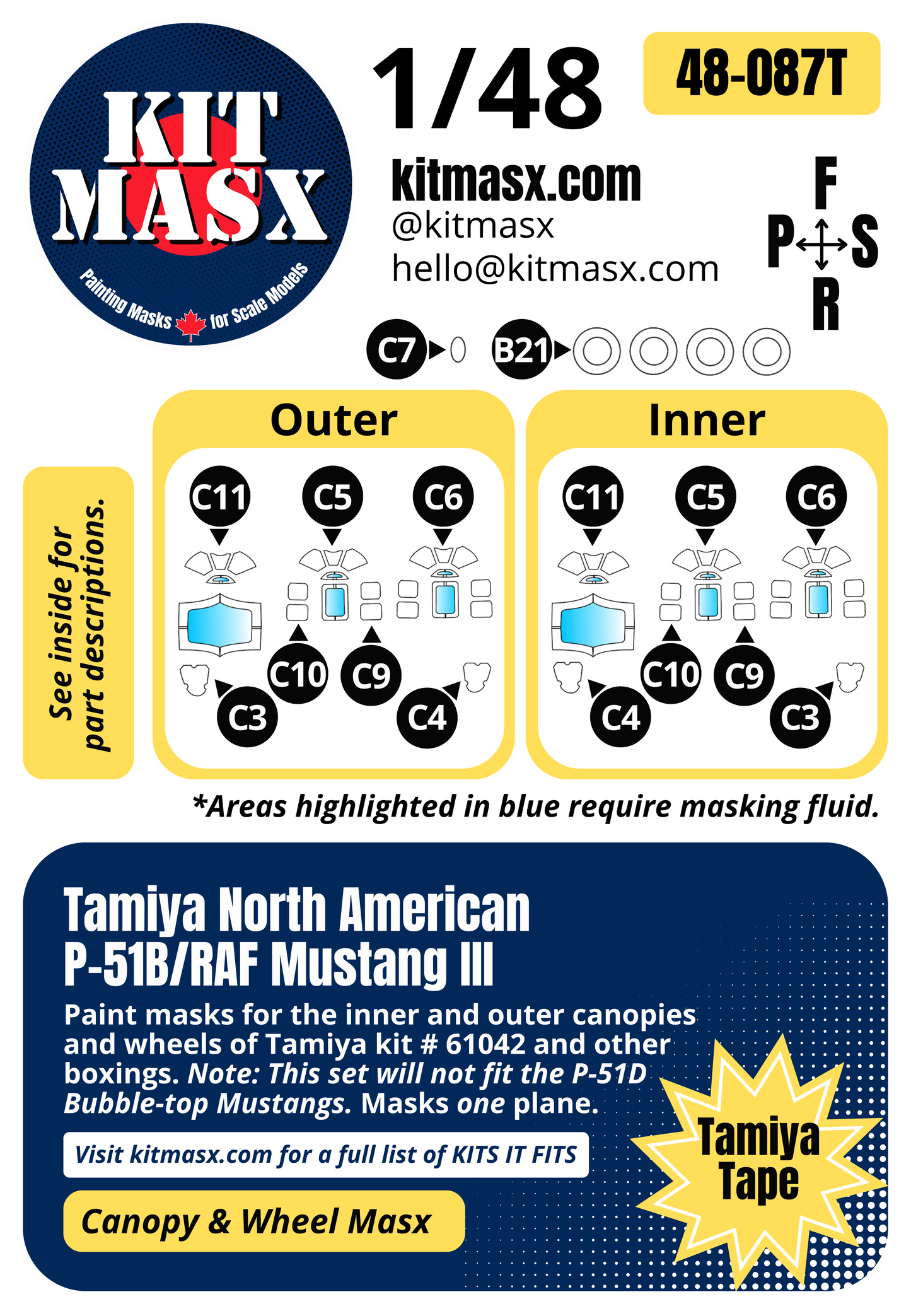 Tamiya North American P-51B/RAF Mustang III 1/48 Canopy & Wheel Paint Masks, Kit # 61042 (48087)
