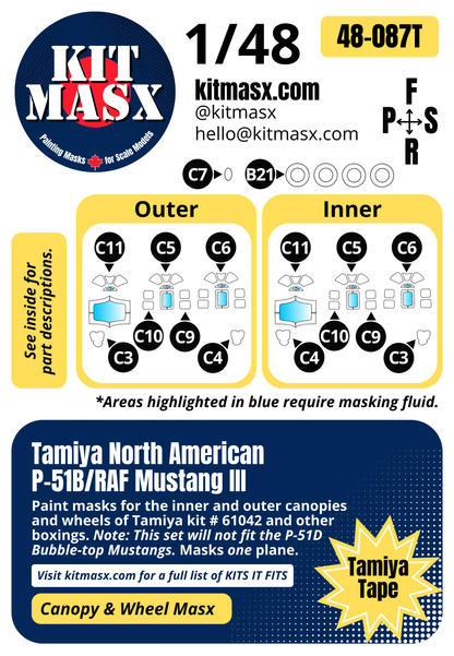 Tamiya North American P-51B/RAF Mustang III 1/48 Canopy & Wheel Paint Masks, Kit # 61042 (48087)