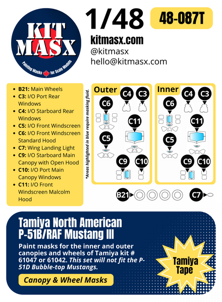 Tamiya North American P-51B/RAF Mustang III 1/48 Canopy & Wheel Paint Masks, Kit # 61042