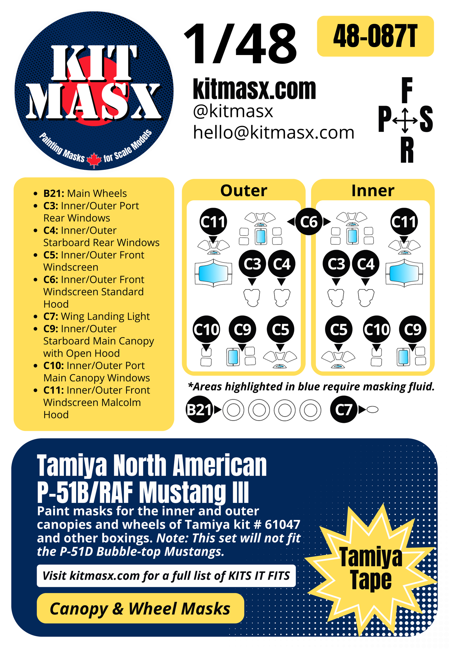 Tamiya North American P-51B/RAF Mustang III 1/48 Canopy & Wheel Paint Masks, Kit # 61042