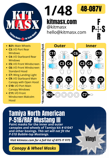 Tamiya North American P-51B/RAF Mustang III 1/48 Canopy & Wheel Paint Masks, Kit # 61042