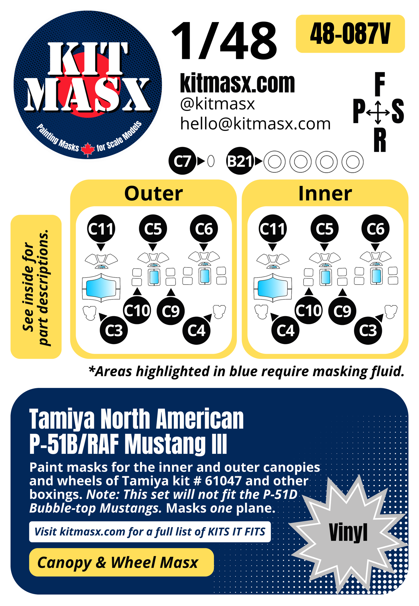 Tamiya North American P-51B/RAF Mustang III 1/48 Canopy & Wheel Paint Masks, Kit # 61042 (48087)
