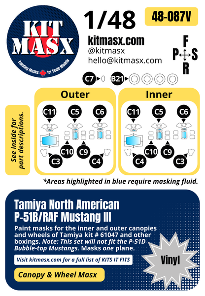 Tamiya North American P-51B/RAF Mustang III 1/48 Canopy & Wheel Paint Masks, Kit # 61042 (48087)