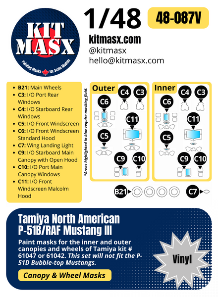 Tamiya North American P-51B/RAF Mustang III 1/48 Canopy & Wheel Paint Masks, Kit # 61042