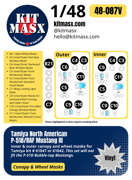 Tamiya North American P-51B/RAF Mustang III 1/48 Canopy & Wheel Paint Masks