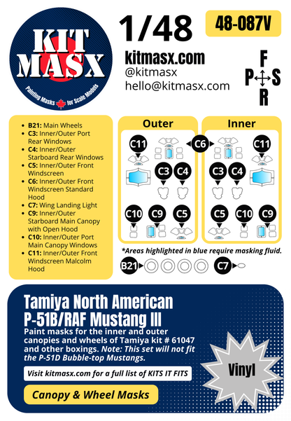 Tamiya North American P-51B/RAF Mustang III 1/48 Canopy & Wheel Paint Masks, Kit # 61042
