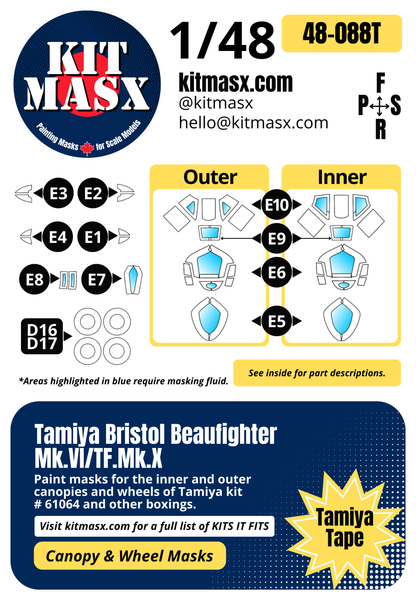 Tamiya Bristol Beaufighter Mk.VI/TF.Mk.X 1/48 Canopy & Wheel Paint Masks, Kit # 61064