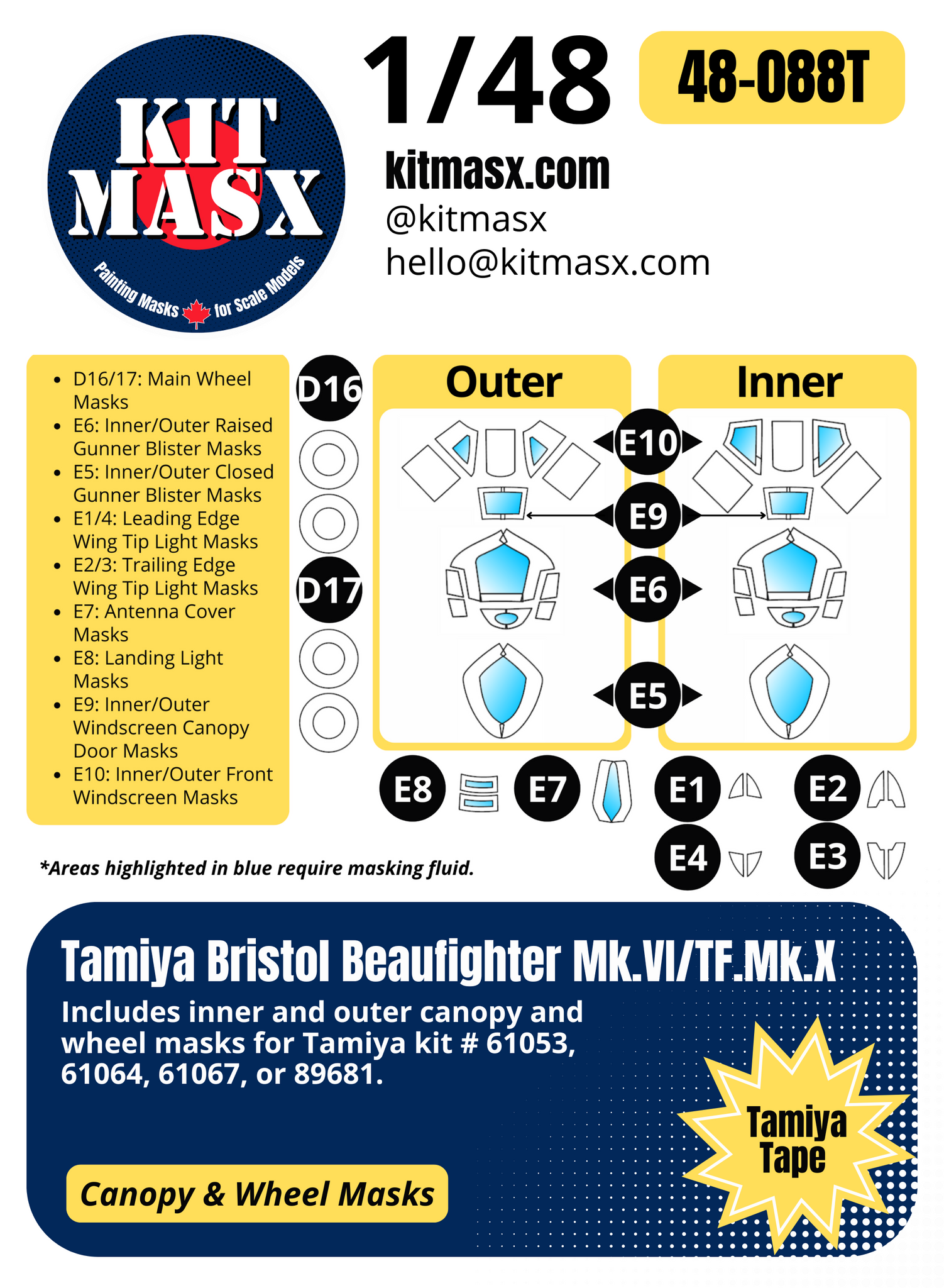 Tamiya Bristol Beaufighter Mk.VI/TF.Mk.X 1/48 Canopy & Wheel Paint Masks, Kit # 61064