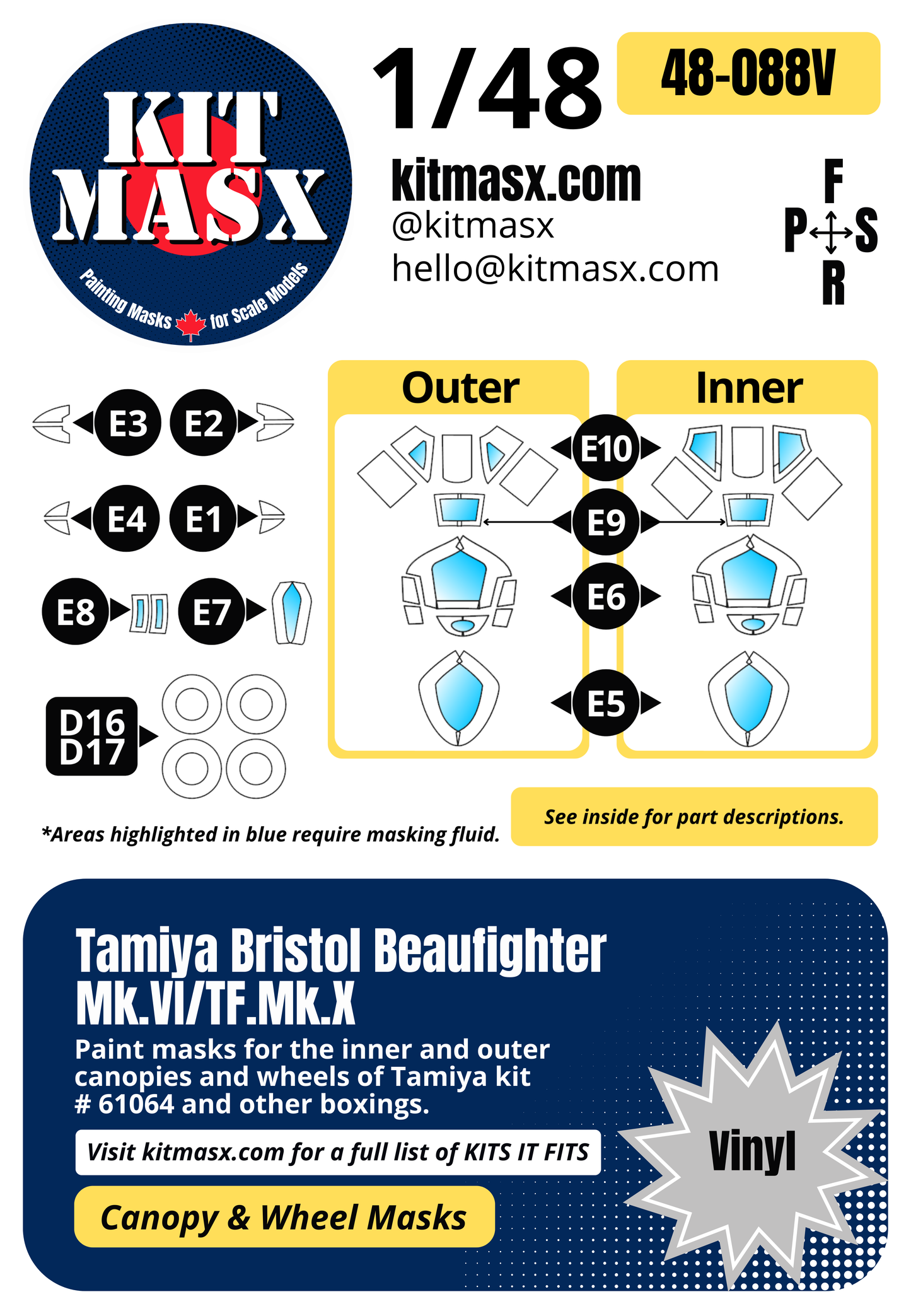 Tamiya Bristol Beaufighter Mk.VI/TF.Mk.X 1/48 Canopy & Wheel Paint Masks, Kit # 61064