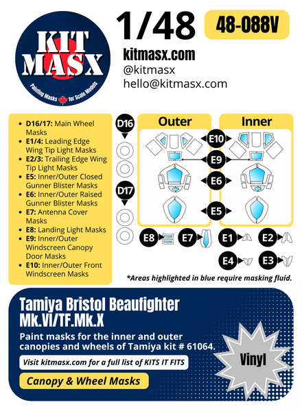 Tamiya Bristol Beaufighter Mk.VI/TF.Mk.X 1/48 Canopy & Wheel Paint Masks, Kit # 61064