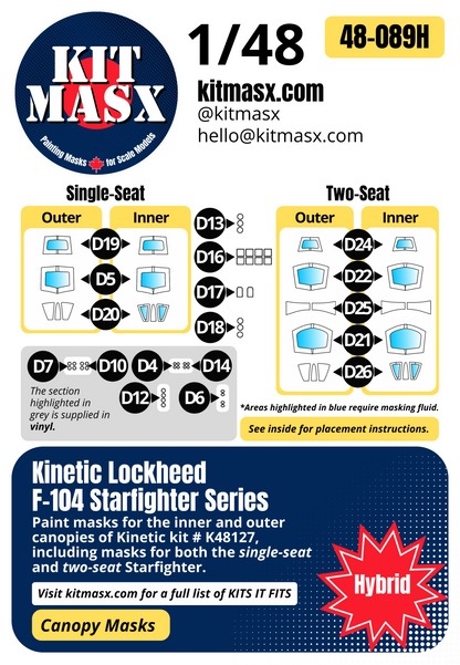 Kinetic Lockheed F-104 Starfighter Series 1/48 Canopy Paint Masks, Kit # K48127