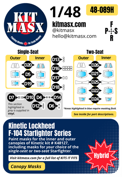 Kinetic Lockheed F-104 Starfighter Series 1/48 Canopy Paint Masks, Kit # K48127
