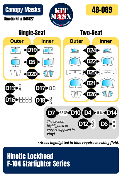 Kinetic Lockheed F-104 Starfighter Series 1/48 Canopy Paint Masks, Kit # K48127