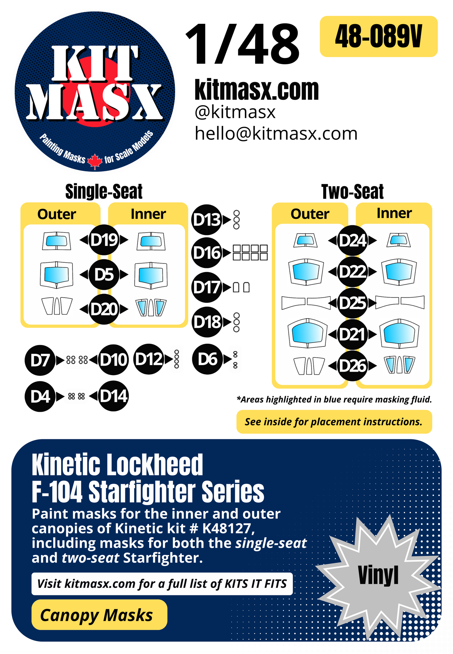 Kinetic Lockheed F-104 Starfighter Series 1/48 Canopy Paint Masks, Kit # K48127