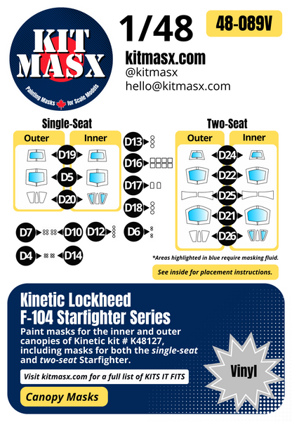 Kinetic Lockheed F-104 Starfighter Series 1/48 Canopy Paint Masks, Kit # K48127