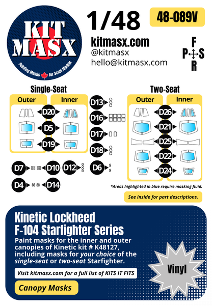 Kinetic Lockheed F-104 Starfighter Series 1/48 Canopy Paint Masks, Kit # K48127