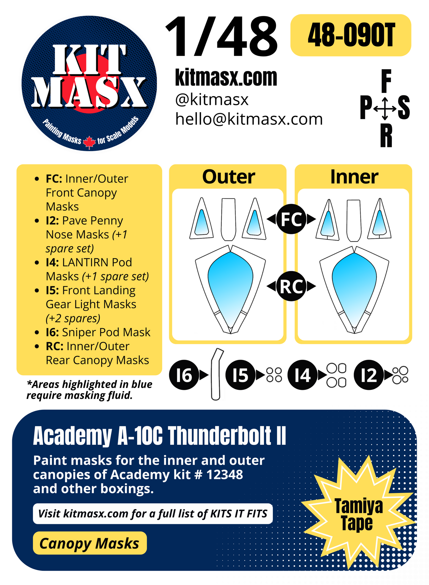 Academy A-10C Thunderbolt II 1/48 Canopy Paint Masks, Kit # 12348
