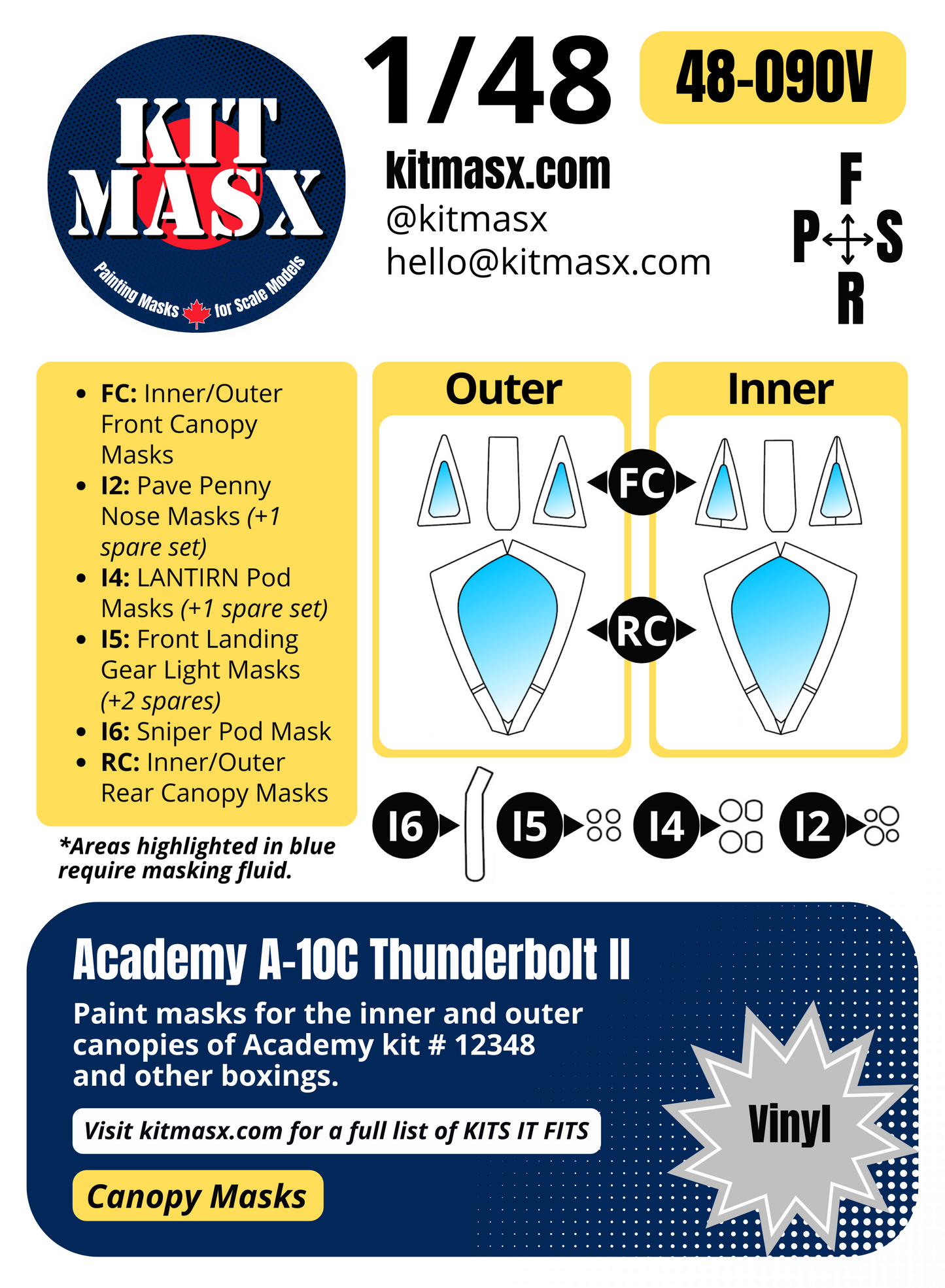 Academy A-10C Thunderbolt II 1/48 Canopy Paint Masks, Kit # 12348