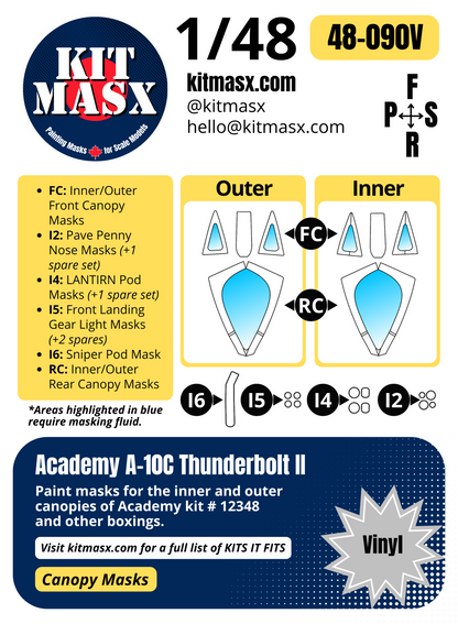 Academy A-10C Thunderbolt II 1/48 Canopy Paint Masks, Kit # 12348