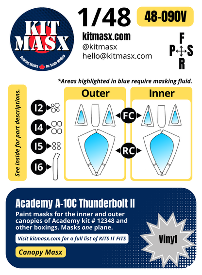 Academy A-10C Thunderbolt II 1/48 Canopy Paint Masks, Kit # 12348