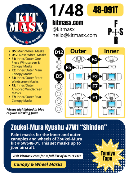 Zoukei-Mura Kyushu J7W1 "Shinden" 1/48 Canopy & Wheel Paint Masks, Kit # SWS48-01