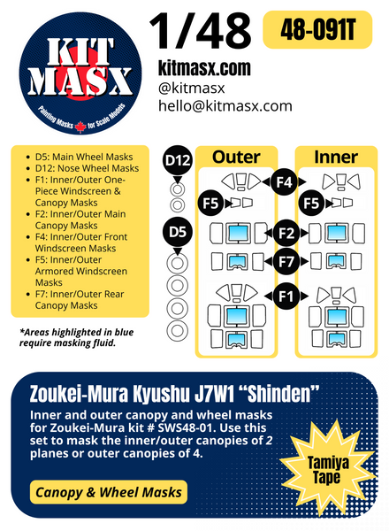 Zoukei-Mura Kyushu J7W1 "Shinden" 1/48 Canopy & Wheel Paint Masks