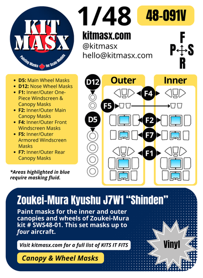 Zoukei-Mura Kyushu J7W1 "Shinden" 1/48 Canopy & Wheel Paint Masks, Kit # SWS48-01