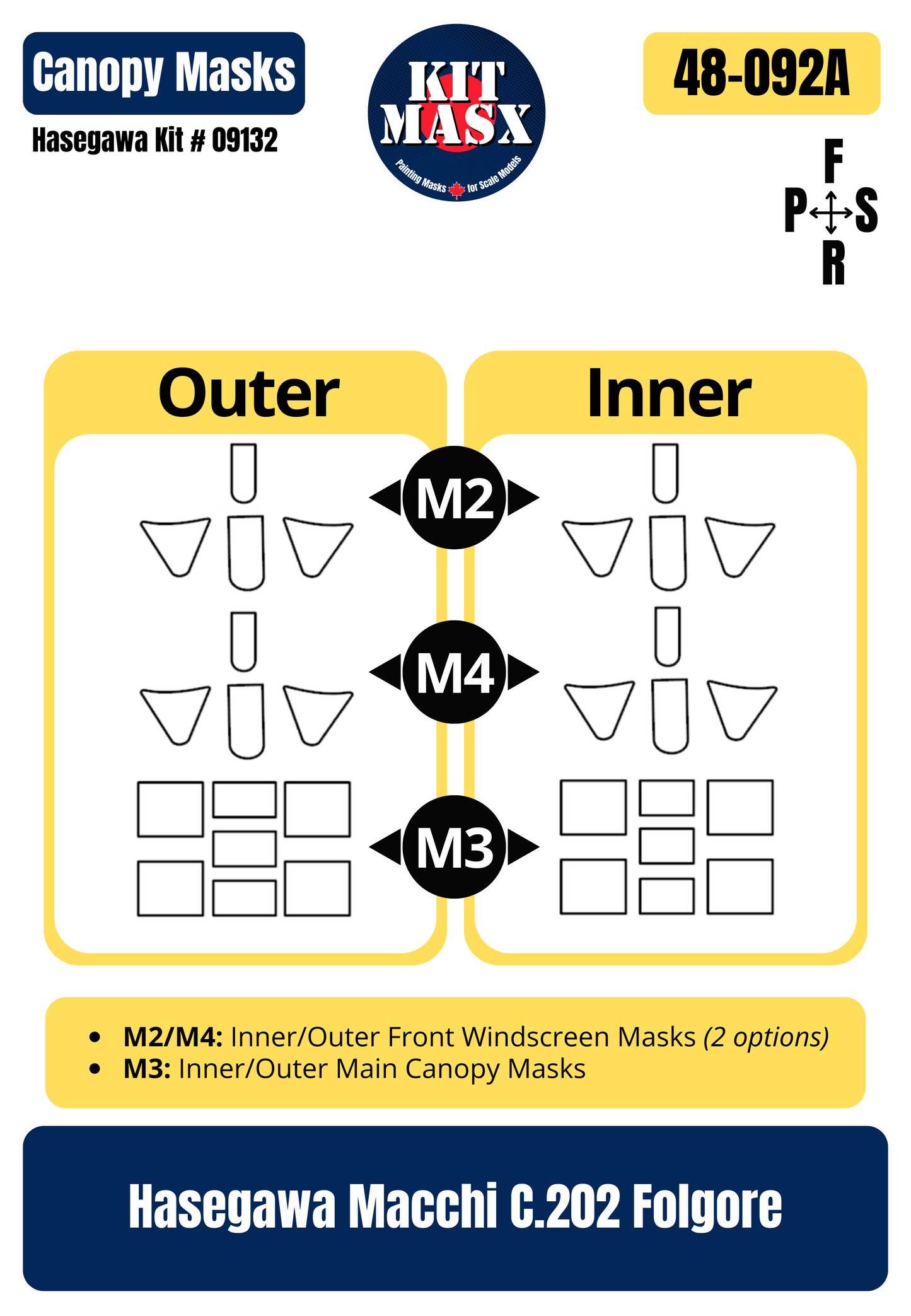 Hasegawa Macchi C.202 Folgore “150 & 153 Gruppo, RAI” 1/48 Master Mask Set, Kit # 09132